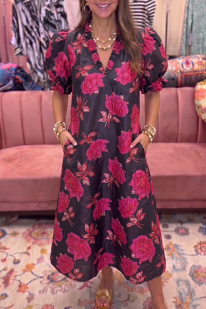 Rose Floral Puff Sleeve Pocket Maxi Dress
