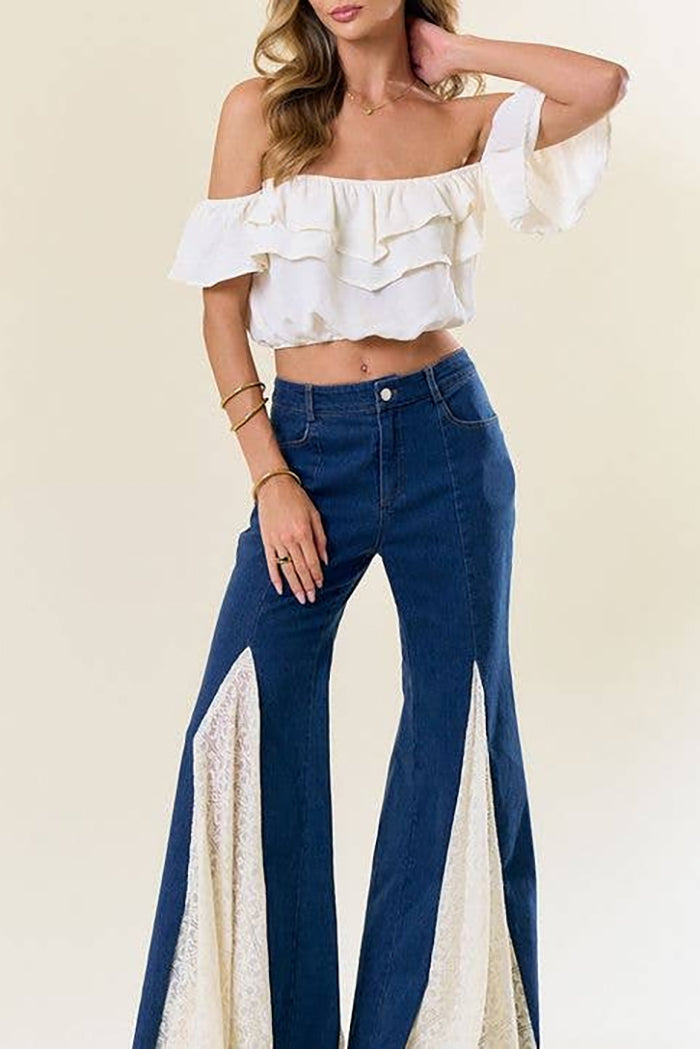 Lace Insert Panel Bell Bottom Stretch Jeans