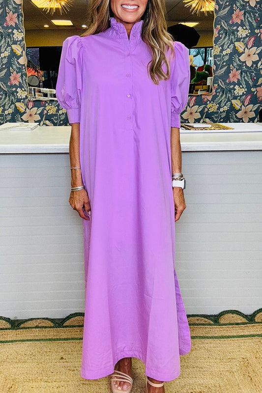 Solid Puff Short Sleeve Pocket Midi Dress