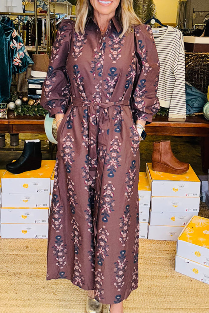 Pocketed Floral Print Maxi Shirt Dress
