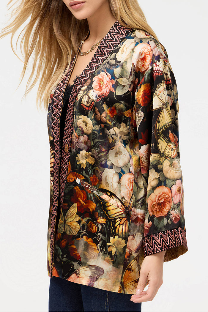 Reversible Floral Butterfly Patterned Trim Cardigan