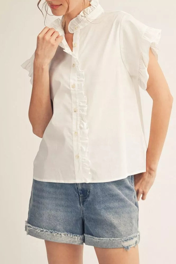 White Ruffle Button Up Top