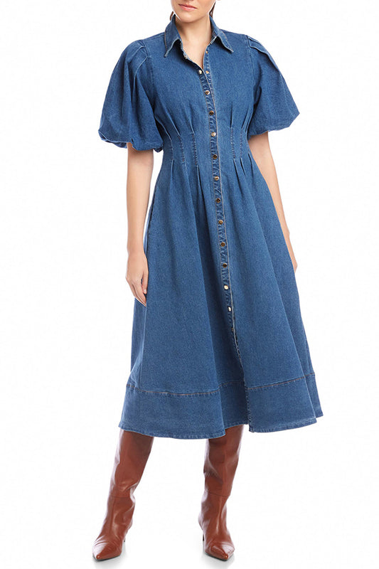 Casual Puff Sleeve Denim Dress