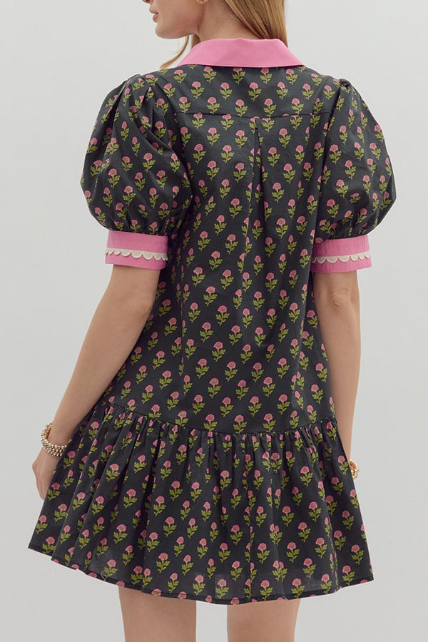 Ruffle Hem Floral Stamped Dress