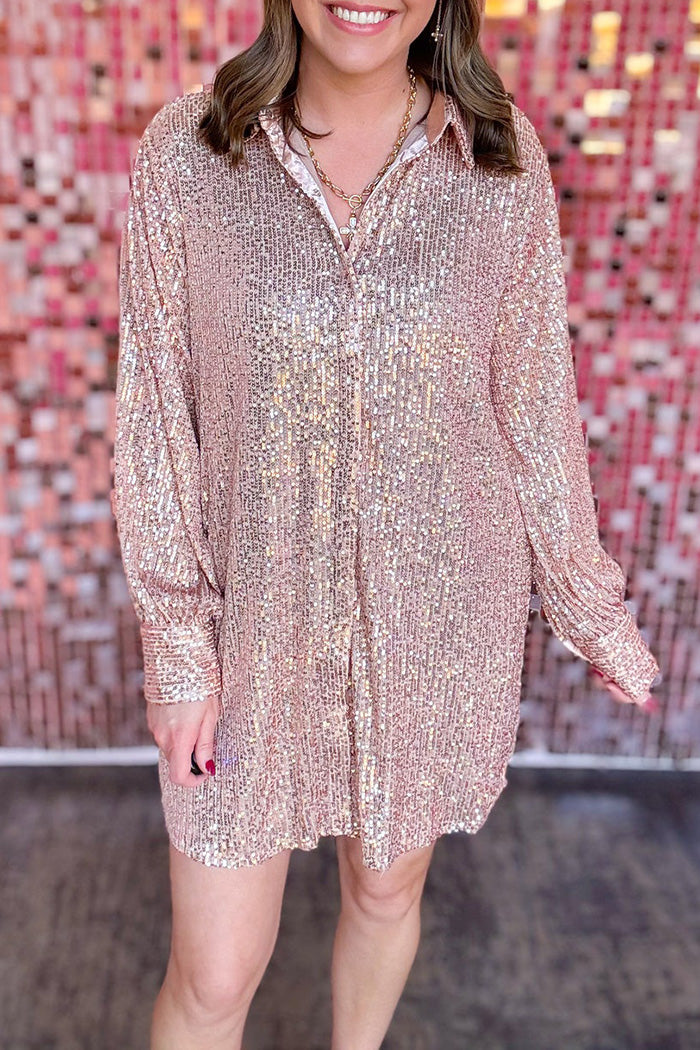 Sequin Pocket Collar Shirt Dress