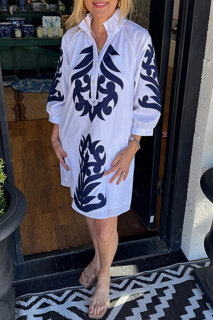 Contrast Print Half Placket 3/4 Sleeve Pocketed Dress