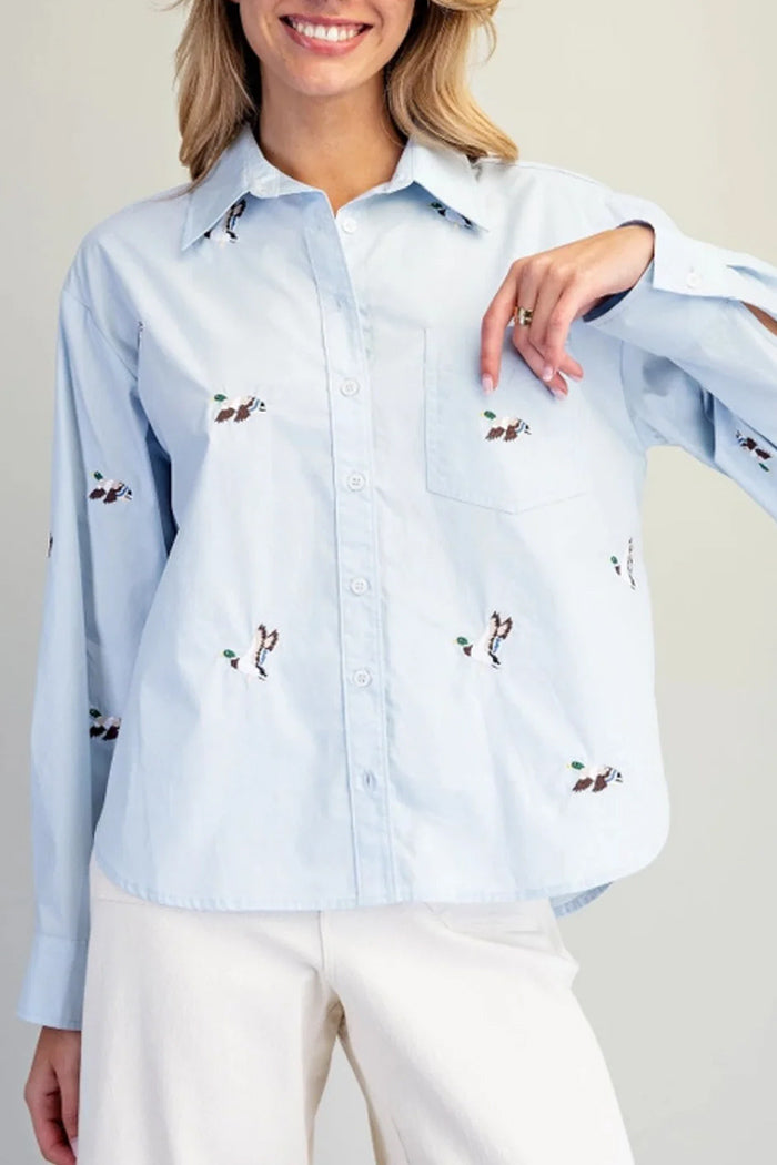 Sky Blue Embroidered Duck Button Up Top