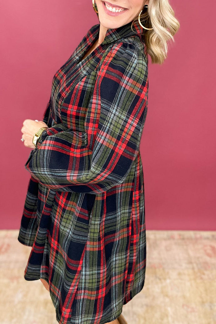 V-Neck Waist-Cinched Plaid Dress