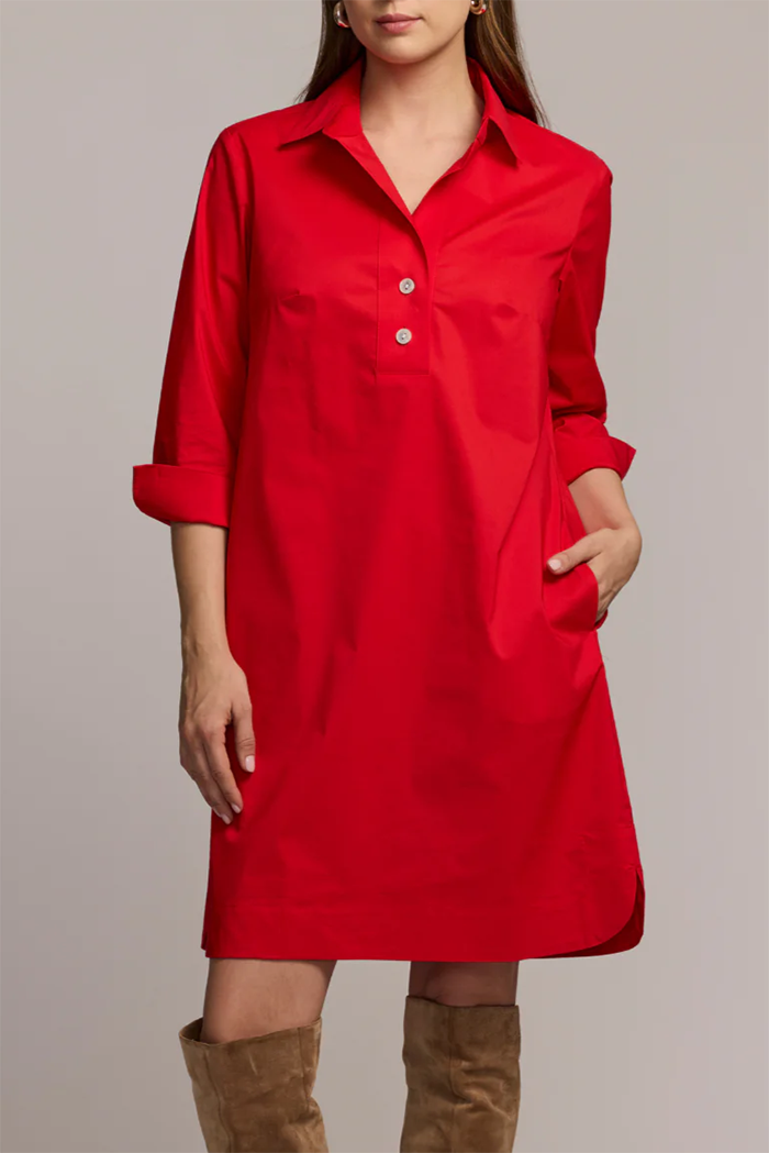 3/4 Sleeve Point Collar Pocket Shirt Dress