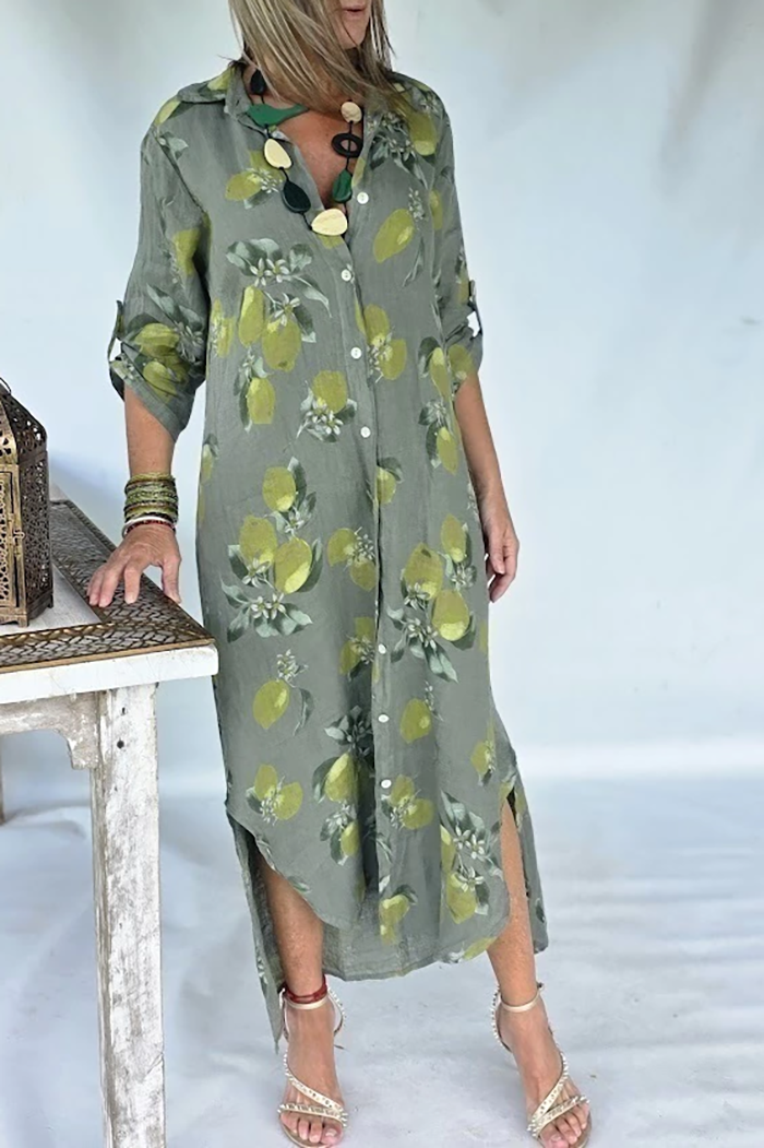 Lemon Print Shirt Style Maxi Dress
