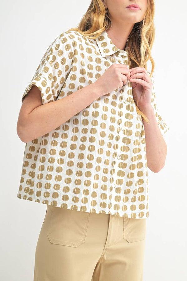 Polka Dot Button Short Sleeve Top