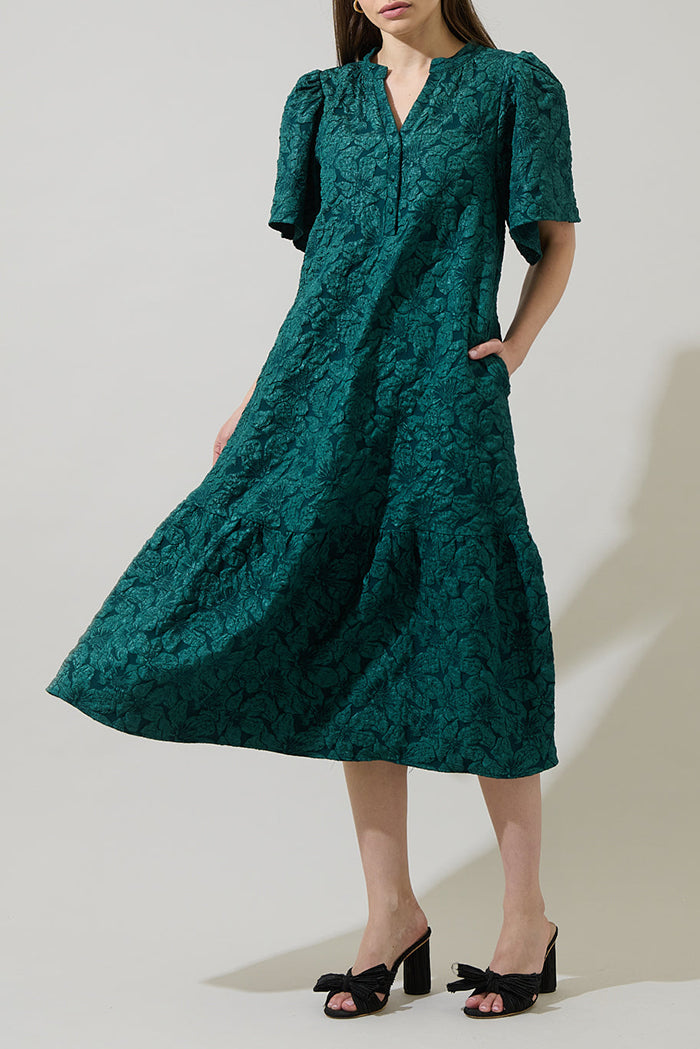 V-Neck Puff-Sleeve Midi Dress