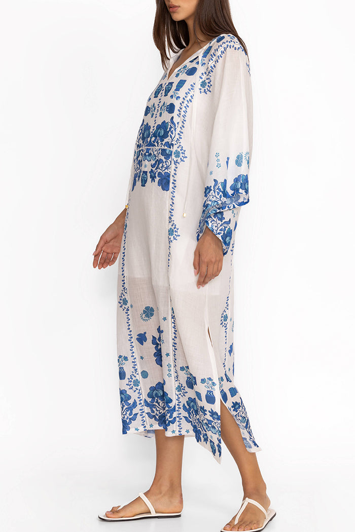 Blue Floral Bell Sleeve Side Slit Kaftan Midi Dress