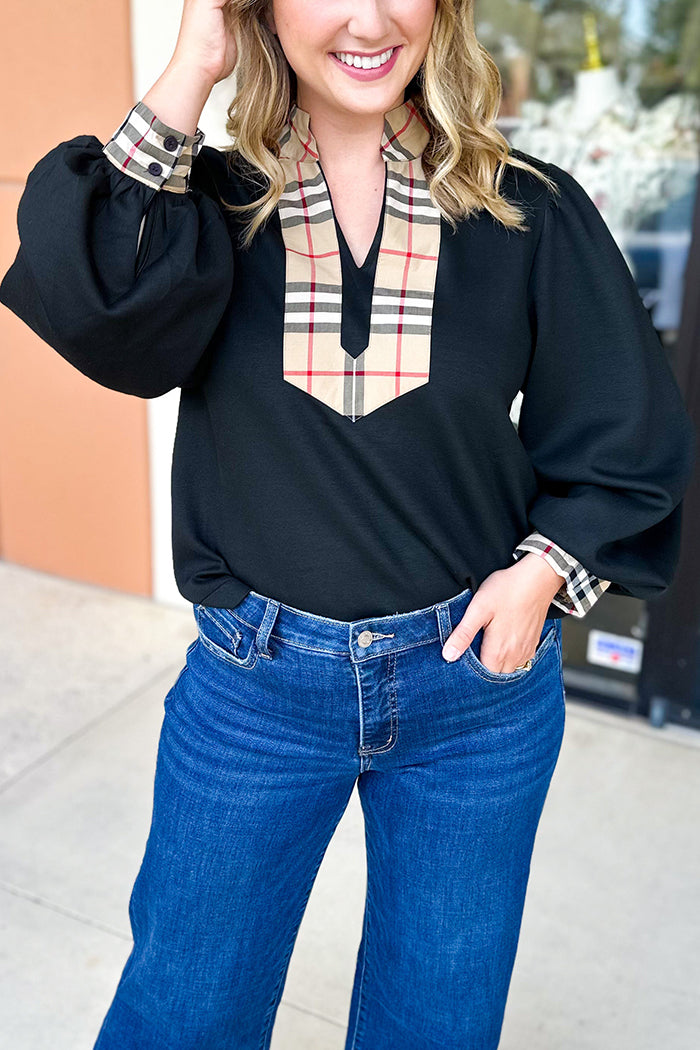 Casual Plaid Trimmed Top