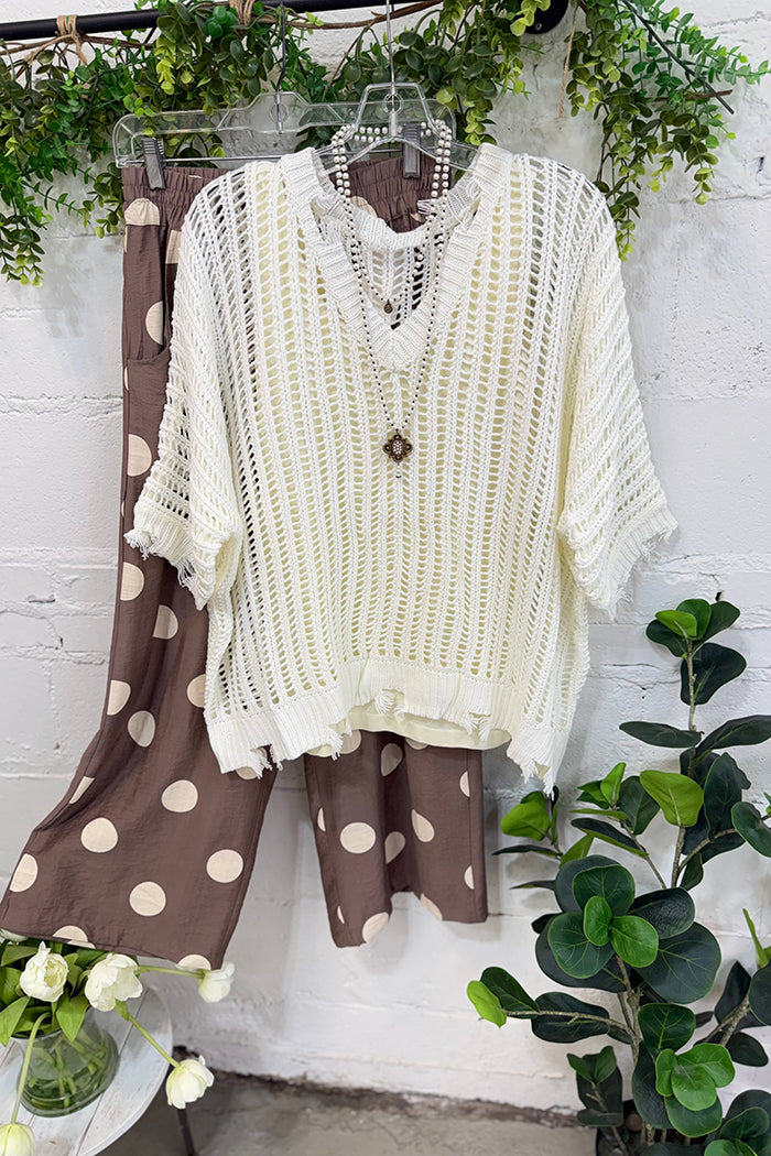 White Open Knit Fringe Top & Mocha Polka Dot Wide Leg Pants Set