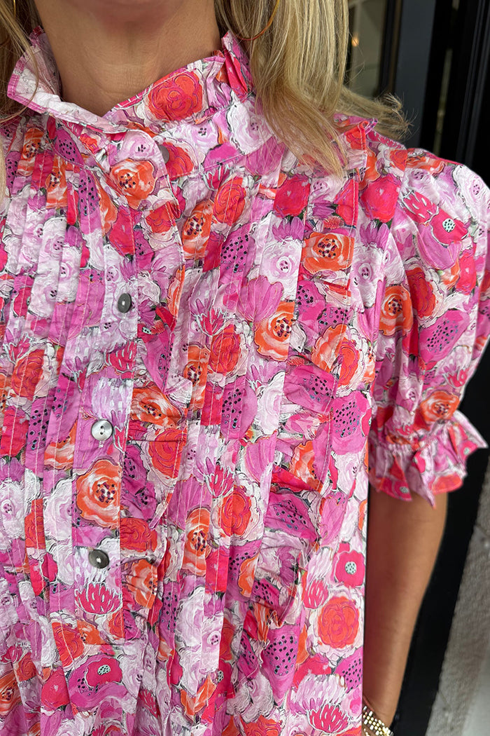 Pink Floral Puff Sleeve Pocket Dress