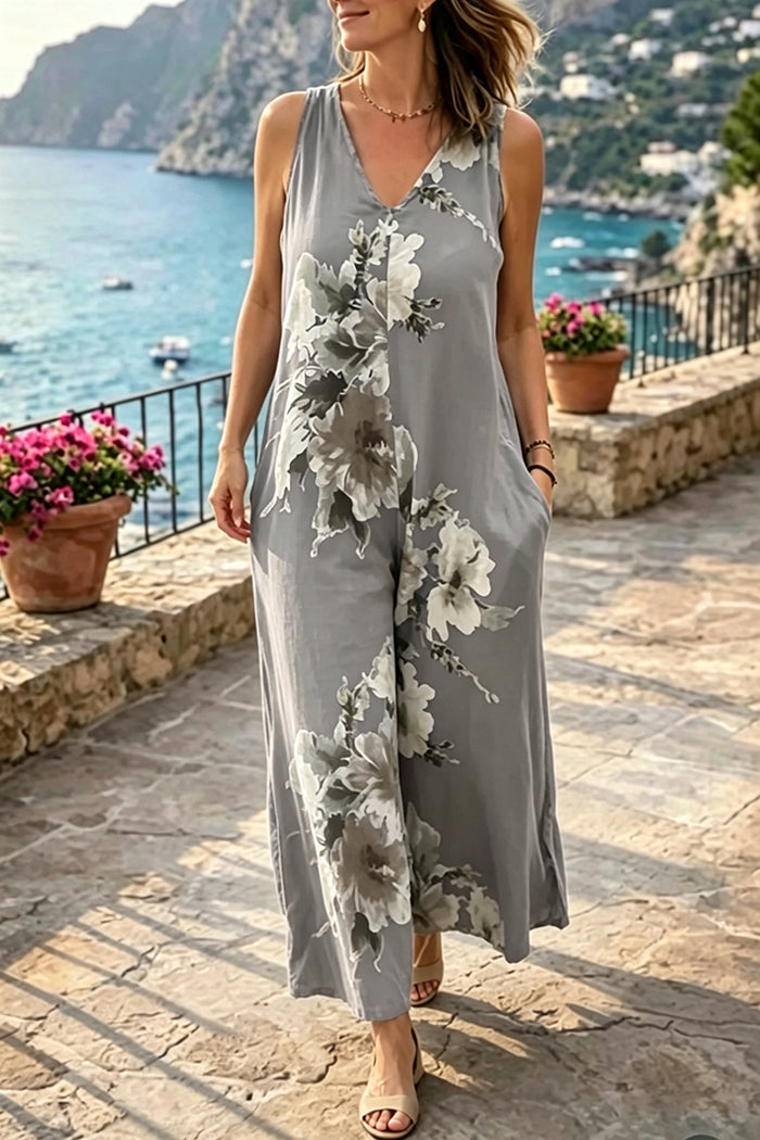 Sleeveless Tie-Back Floral Pocket Jumpsuit