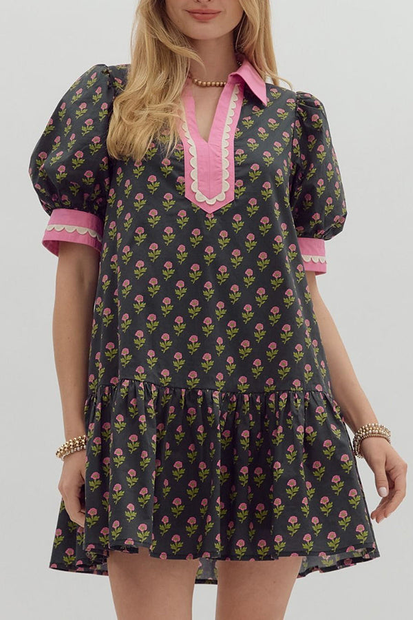 Ruffle Hem Floral Stamped Dress