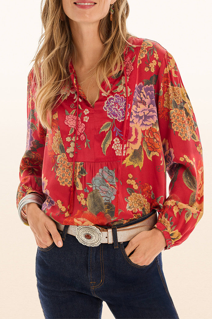 Tie Neck Curved Hem Prairie Top