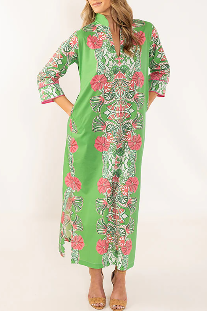 3/4 Sleeve Floral Pocket Maxi Dress