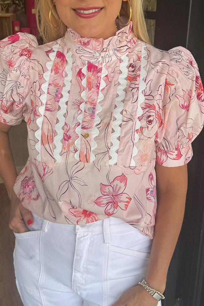 Floral Ruffled Collar Puff Sleeve Top
