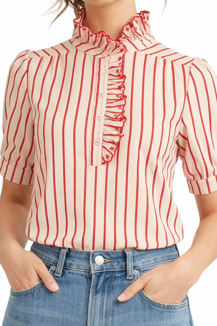 Vertical Stripe Ruffle Trim Top