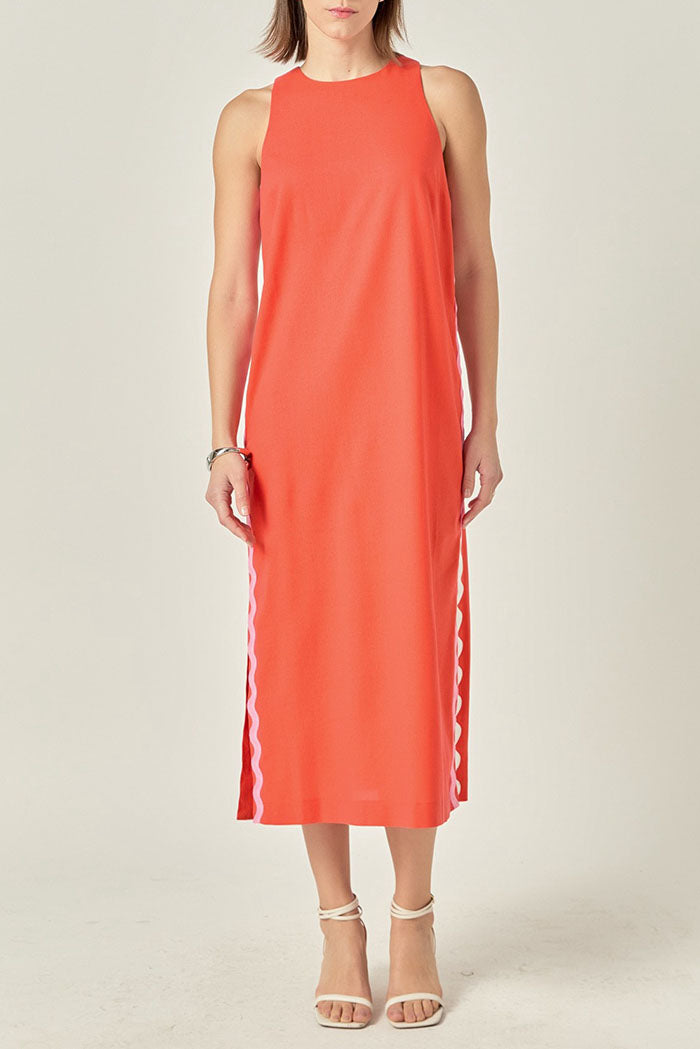 Striped Trim Sleeveless Side Slit Dress