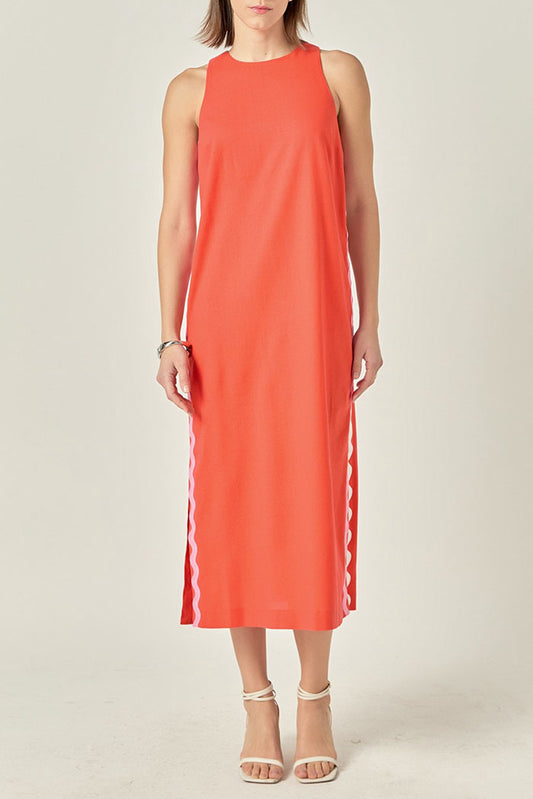 Striped Trim Sleeveless Side Slit Dress