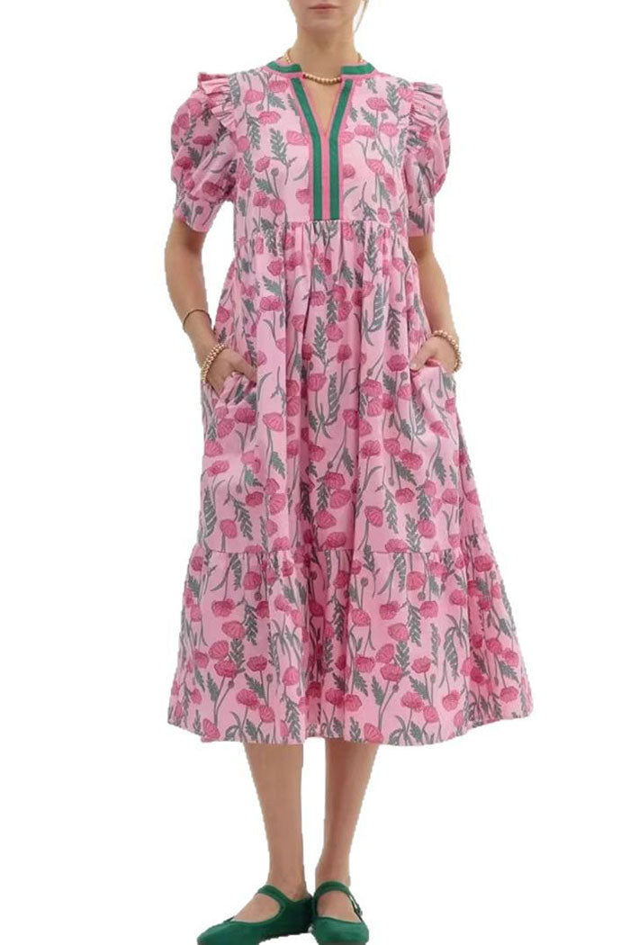 Puff Sleeve Rose Print Dress