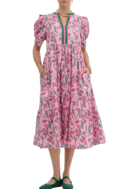 Puff Sleeve Rose Print Dress