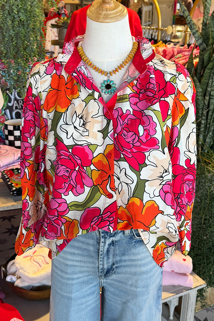 Bold Floral Print Contrast Collar Top