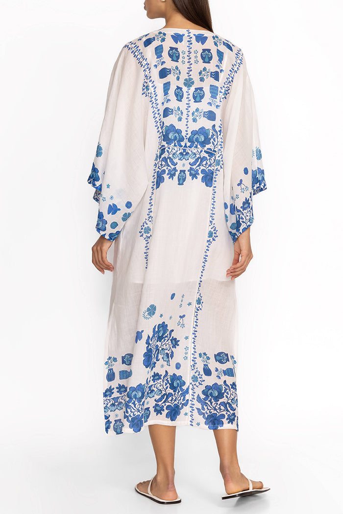 Blue Floral Bell Sleeve Side Slit Kaftan Midi Dress