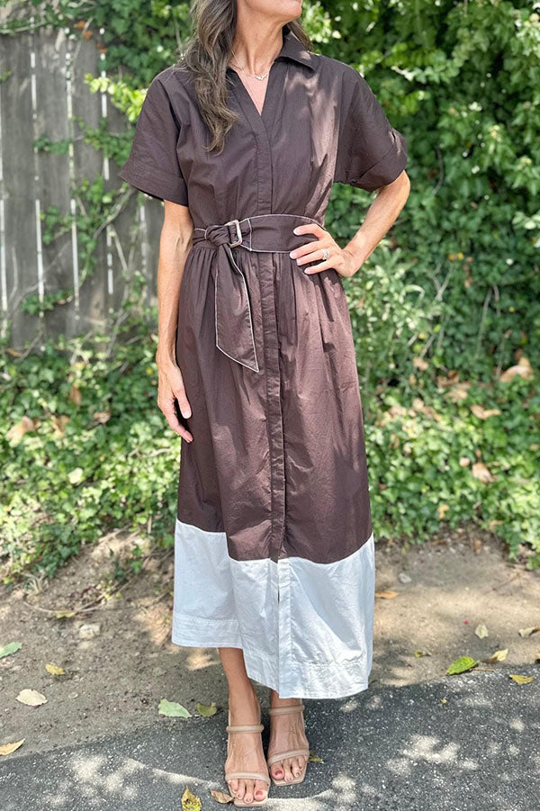 Patchwork Block Waist Belt Pocket Dress