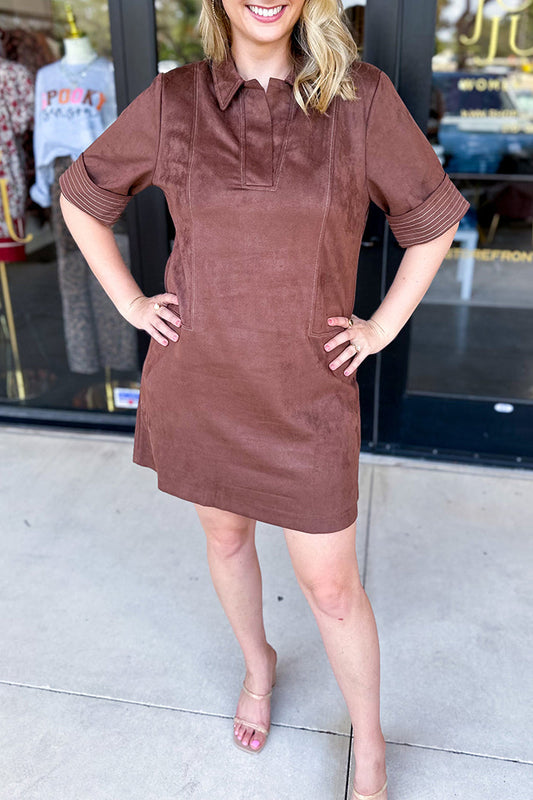 Short Sleeve Collared Suede Dress