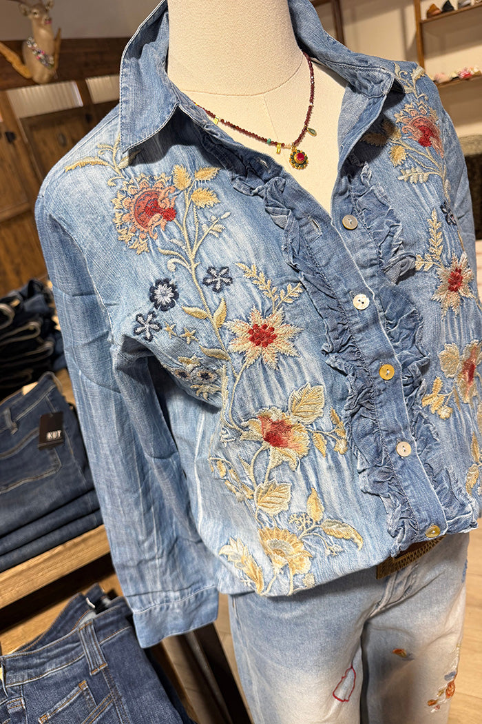 Floral Embroidery Ruffle Trim Denim Top