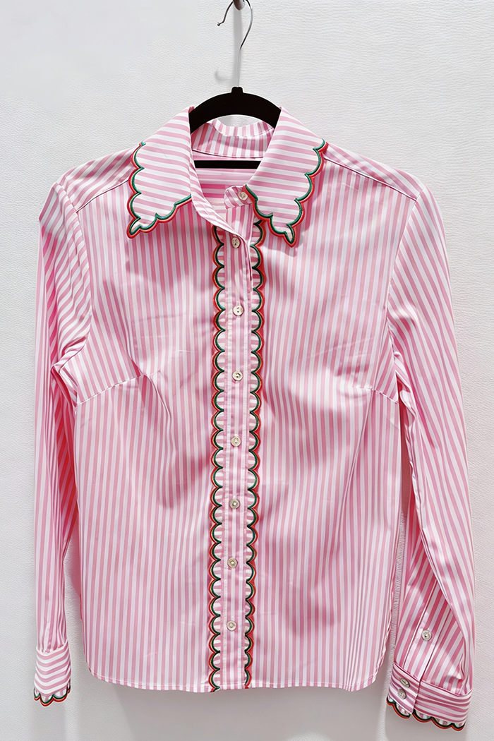 Scallop Trim Stripe Button Down Top