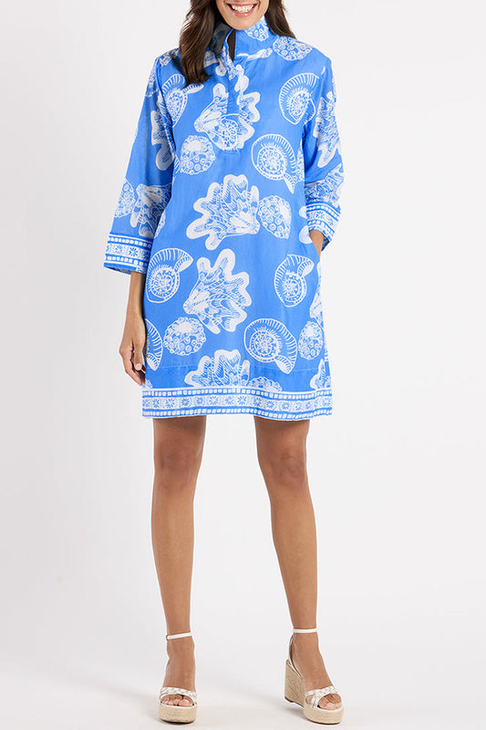 Blue Coastal Print Collared 3/4 Sleeve Pocket Dress