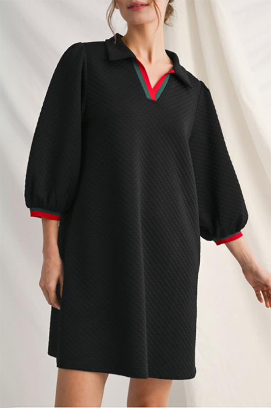 Stripes Trim Puff Sleeve Dress