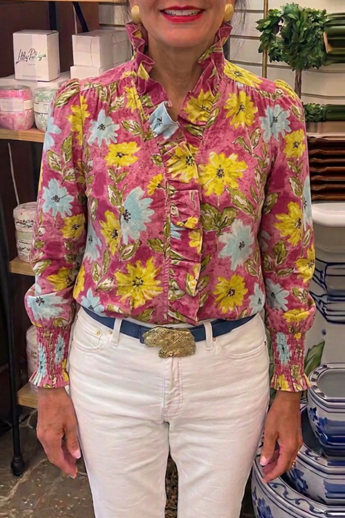 Casual Floral Print Ruffle Top