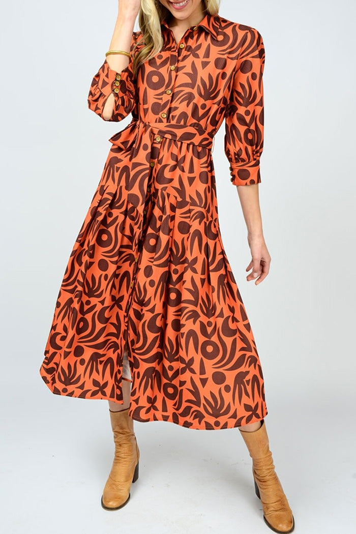 Shirt Collar Print Midi Dress