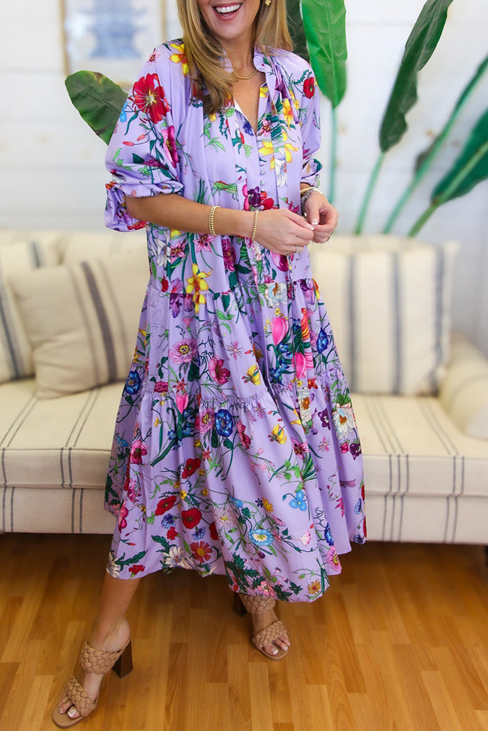 Floral Tie Neck Tiered Maxi Dress