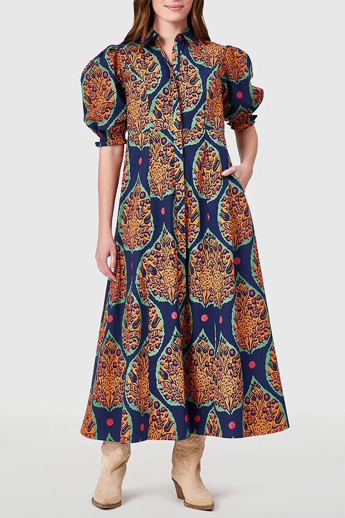 Botanical Print Puff Sleeve Button-Front Pocket Dress