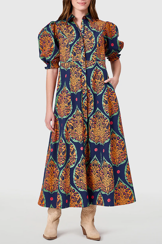 Botanical Print Puff Sleeve Button-Front Pocket Dress