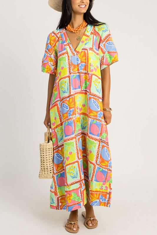 V-Neck Fruit Hem Slit Dress