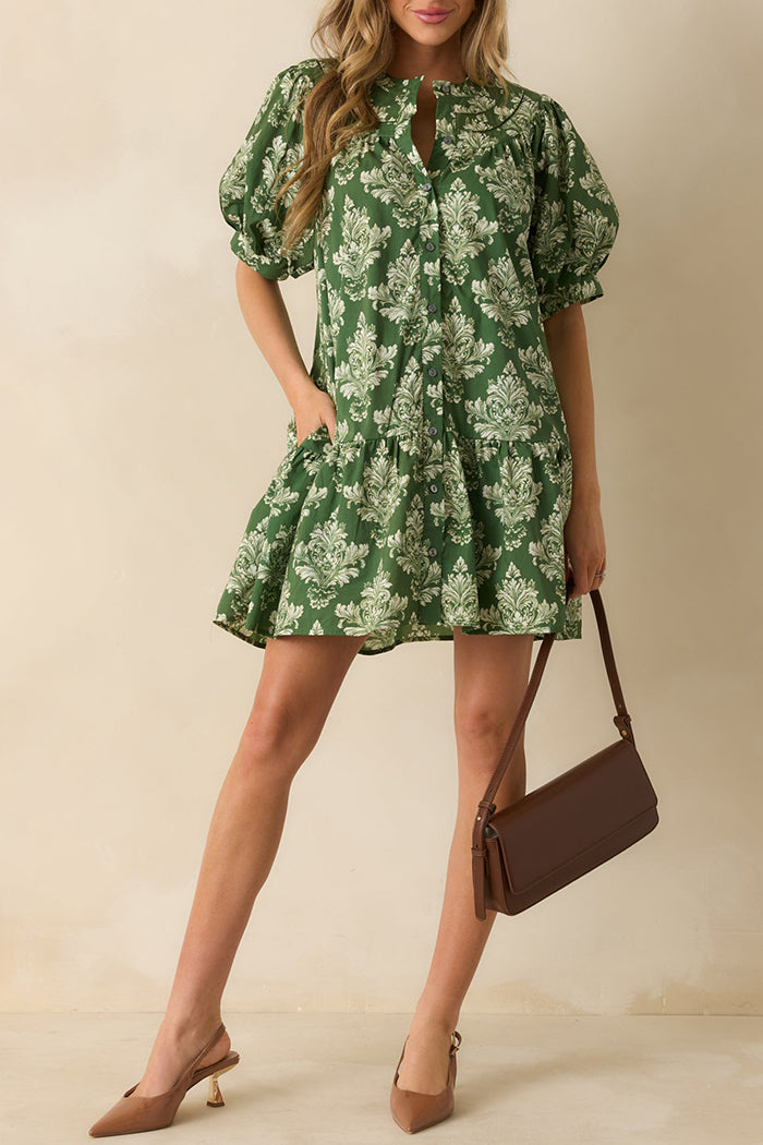 Print Puff Sleeves Pocket Mini Dress