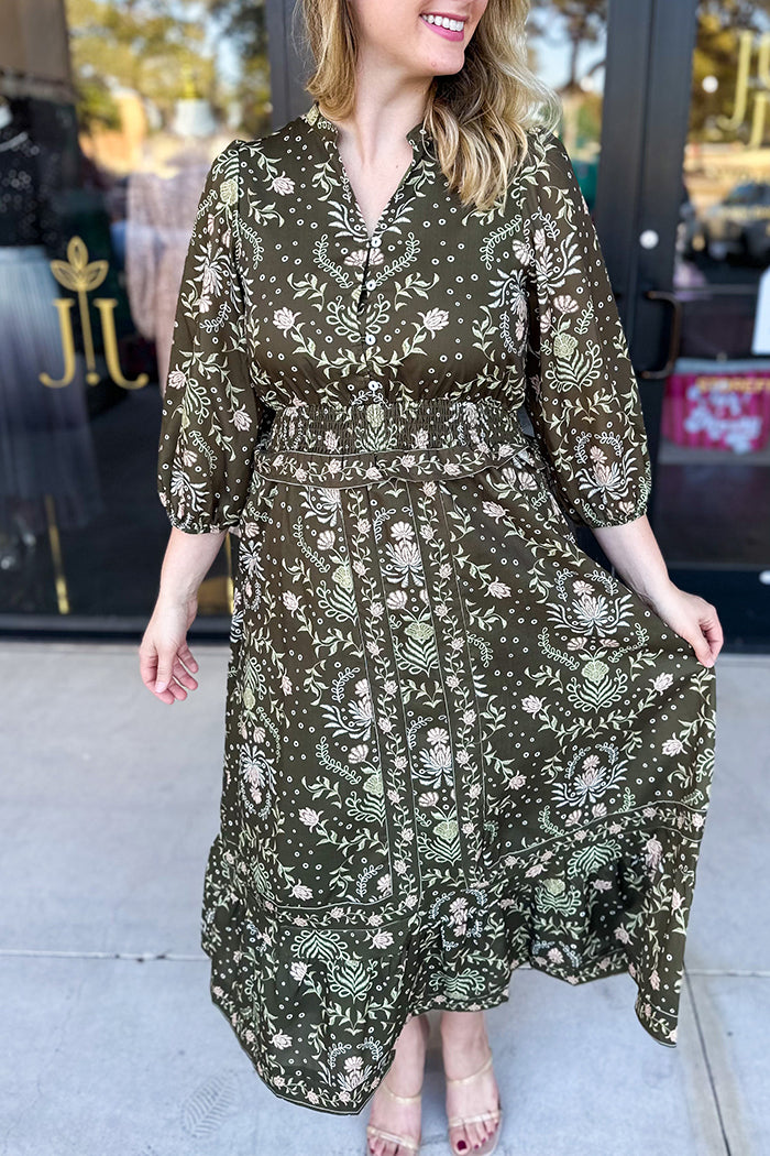 V-Neck Floral Pocket Midi Dress