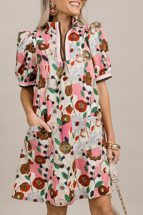 Floral Puffy Sleeves Pocket Dress