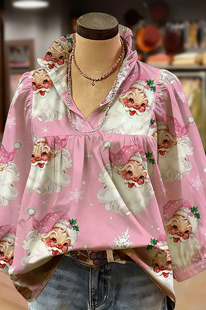 Snowman Print Ruffled V-Neck Puff-Sleeve Blouse
