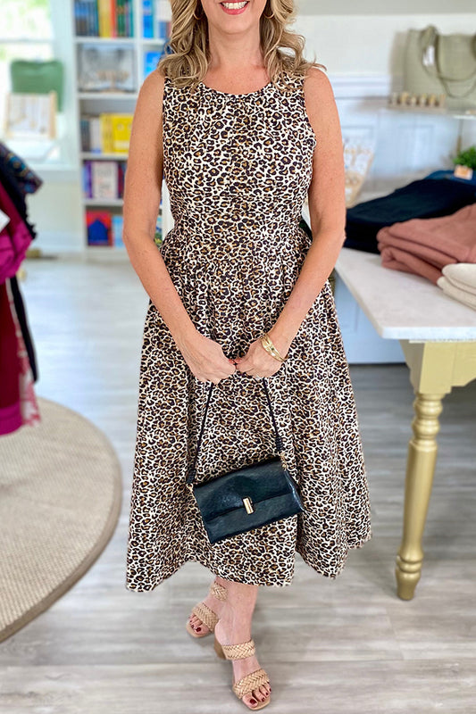 Leopard Print Sleeveless Midi Dress