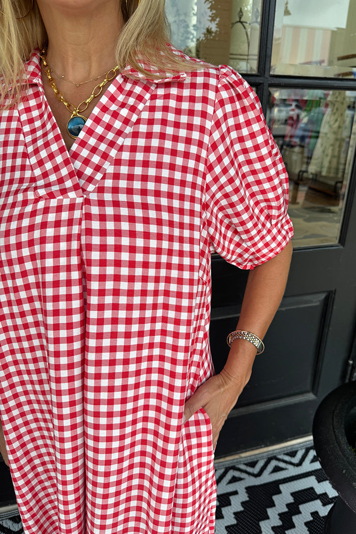 Collared Short Sleeve Gingham Pocket Side Slit Dress